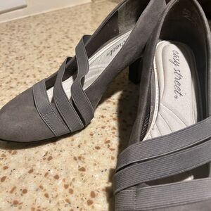 easy street Gray Suede Block Heels with Elastic Crossover Straps